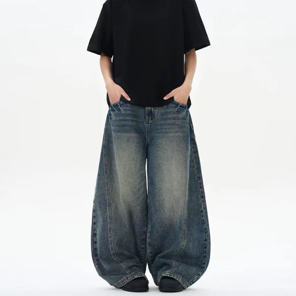 2025 Spring New Men's Jeans Oversized Wide Leg Pants Loose Vintage Patchwork Lightning Cracked Denim Trousers Streetwear Male
