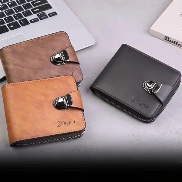 New PU Leather Short Wallet Zipper Buckle Solid Color Coin Pocket Card Holder Men