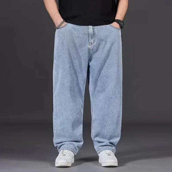 Plus Size Jeans Men's Autumn Loose-Fit Straight-Leg Casual Denim Pants Elastic Waist Wide-Leg Design For Plus Size Men