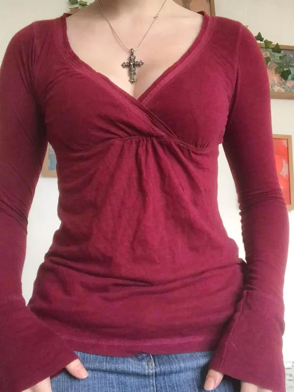 Women Spring Slim Fit Tops Solid Color Long Sleeve Wrap V-Neck T-Shirt