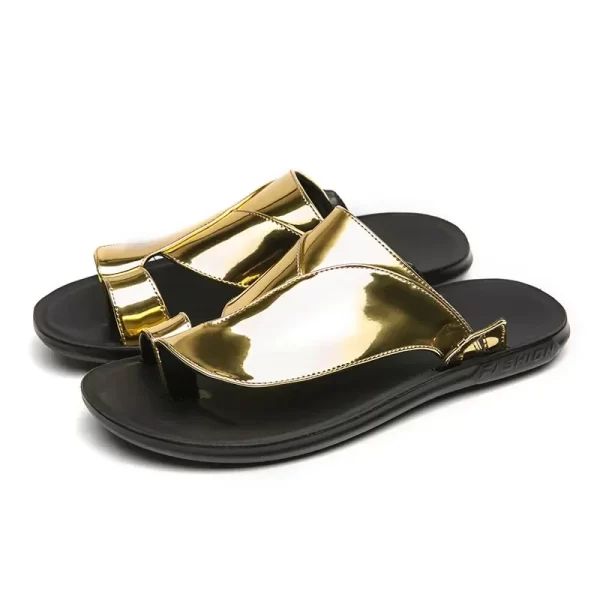 Gold Flip Flops Man Metallic Leather Sandals Luxury Men Open-toe Slippers Comfort Outdoor SandalsMen Shoes Sparta Flat Gladiator