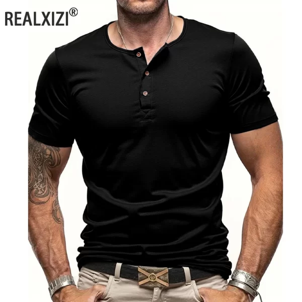 Men's Short Sleeve Henley Neck T-shirt Solid Color Male Tops Slim Fit Button Neck Casual Cozy Tshirt Streetwear