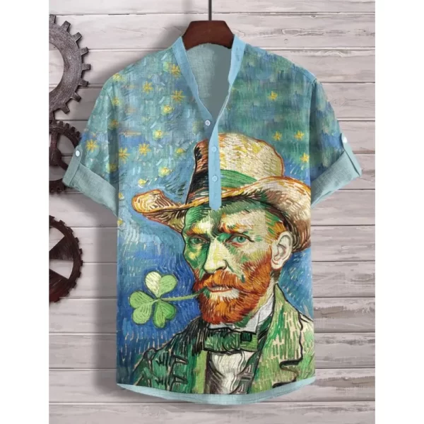 2025 Hawaiian Shirt Men's Stand Collar Short Sleeve Shirt Portrait 3D Printing Fashion Casual Bamboo Linen Top S-5XL