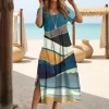 Marble Patchwork Color Summer Slit Short Sleeves Long Dress V-Neck Womens Dresses Loose Oversize Party Elegant Clothing 2024 New