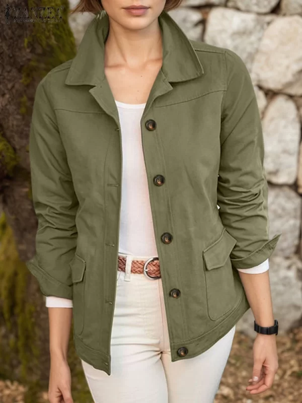 ZANZEA Women Casual Jackets 2025 Autumn Turn-Down Collar Long Sleeve Button Up Outerwear Solid Color Commuting Work Wear Tops